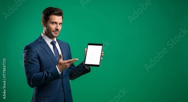 Fototapeta Man in a blue suit holding a tablet with a blank screen