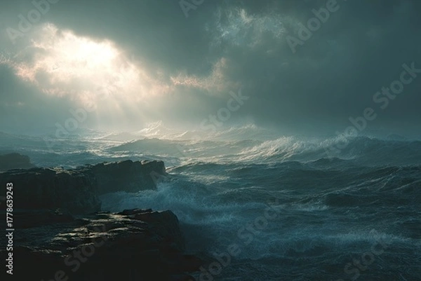 Obraz Stormy Seascape with Dramatic Clouds and Sunlight.