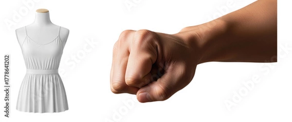 Obraz Mockup of a white sleeveless dress on a torso mannequin next to a strong male fist ready to punch concept of confrontation fashion industry conflict or personal