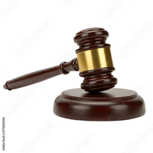 Fototapeta Legal Gavel Wooden Hammer with Gold Band on Round Base in Transparent Background