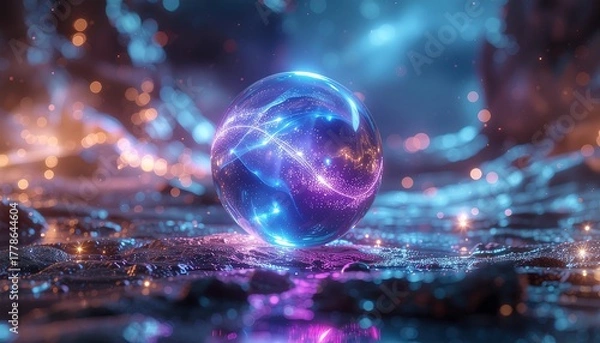 Fototapeta Mystical glowing orb emitting energy on cosmic surface, creating a vibrant otherworldly scene perfect for fantasy, science fiction, and magical concepts