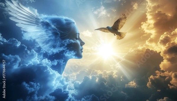 Fototapeta Dreamy ethereal portrait with winged figure and dove soaring through clouds, evoking peace and inspiration for spiritual or fantasy themed projects