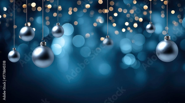 Obraz Christmas holiday background with copy space, hanging balls and bokeh lights on blue background. Merry Christmas and Happy Holidays greeting card, frame, and banner. New Year. Noel