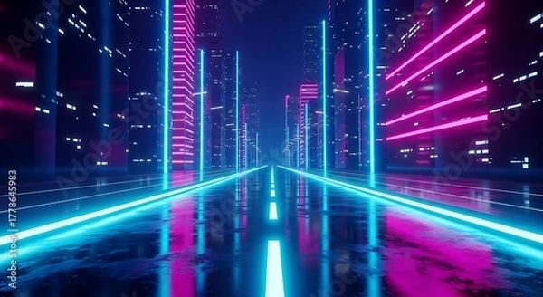 Fototapeta Futuristic neon cityscape with glowing lights and reflections on wet road
