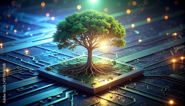 Fototapeta Stunning tree growing from futuristic circuit board platform, symbolizing technology, growth, and innovation for digital marketing and eco-friendly solutions