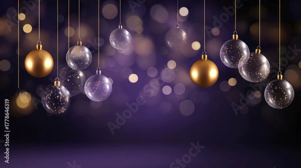 Obraz Christmas holiday background copy space, hanging balls bokeh lights on purple background. Merry Christmas and Happy Holidays greeting card, frame, and banner. New Year. Noel. Winter Christmas theme.