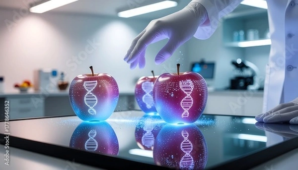 Fototapeta Cutting-edge genomic research on apples with scientist in lab, exploring innovative food science and genetic engineering for a healthier future