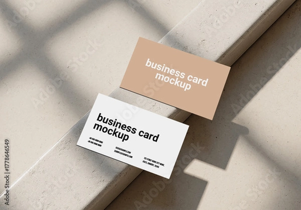 Fototapeta Business Card Mockup on Stone Steps with Soft Window Shadows