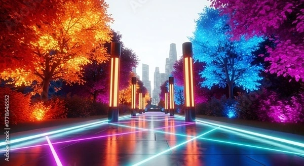 Fototapeta Futuristic city park pathway with glowing trees and neon lights