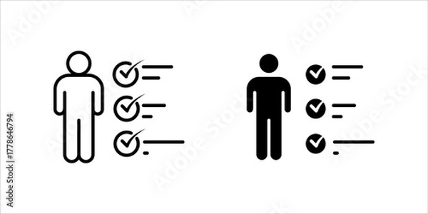Obraz Solid black vector icon illustration showing a silhouette of a person (man) standing next to a checklist with three prominent check marks (ticks) on the line items. This signifies task completion, goa