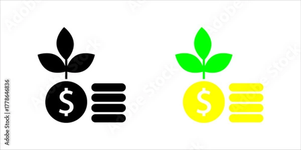 Fototapeta Financial_Growth_Investment_Money_Plant_Icon Vector icon illustration showing two styles (outline and solid fill) of a dollar coin stacked with other coins, with a growing plant or sprout emerging fro