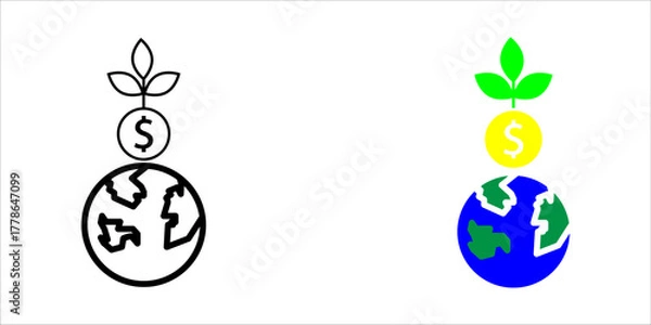 Fototapeta Vector icon illustration showing three styles (outline, solid, and color) of a stack: the Earth/globe at the bottom, a dollar/money coin in the middle, and a growing plant/leaf on top. This symbolizes