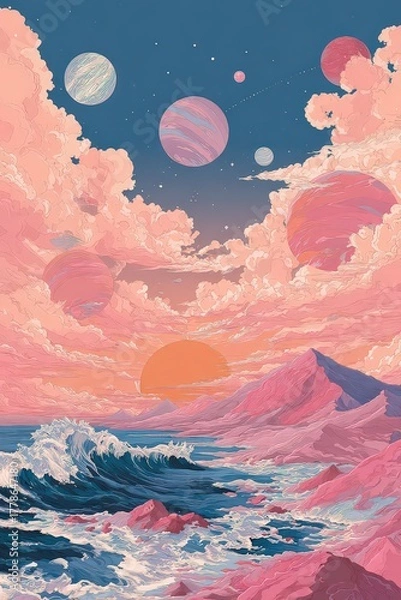 Obraz Pixelated Coastal Sunset With Planets Pink Clouds and Mountainous Landscape