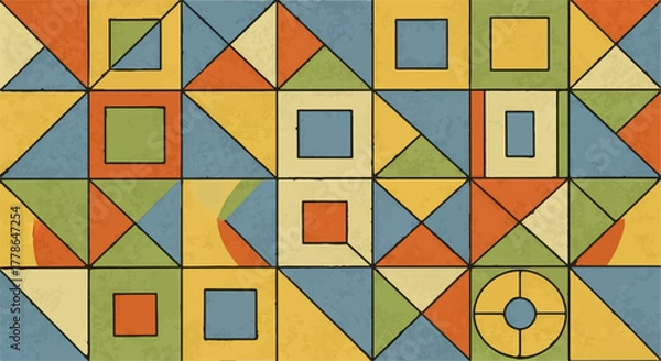 Fototapeta Vibrant geometric pattern with squares, triangles, and circles in a retro color palette