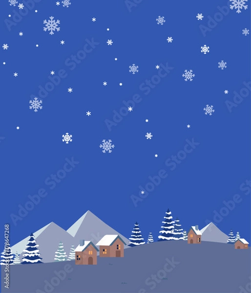 Fototapeta Winter Wonderland Village Scene with Falling Snow