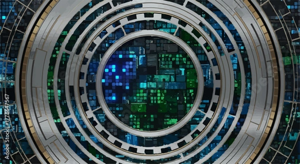 Fototapeta Futuristic circular interface with glowing blue and green digital circuitry