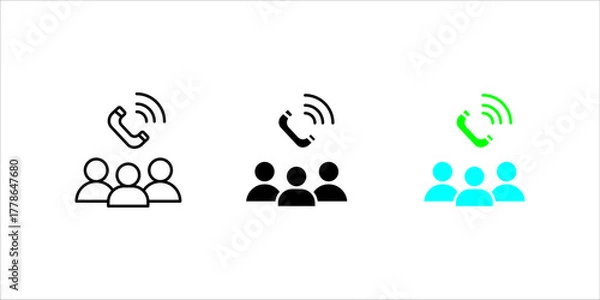 Obraz Group_Call_Conference_Outline_Solid_Icon Vector icon illustration showing two styles (outline and solid fill) of a group of three people (users) underneath a ringing telephone handset symbol. This sig
