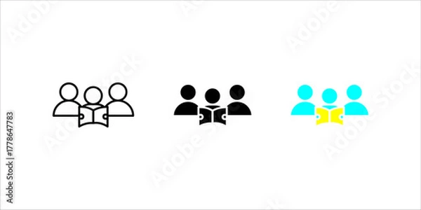 Obraz Vector icon illustration depicting a group of three people (users) with an open book in front of them, displayed in three different styles (outline, solid, and partial color). This represents a study 