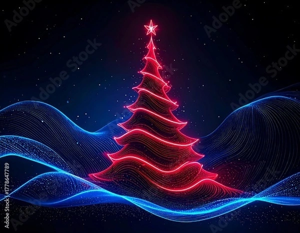 Obraz Glowing neon Christmas tree, star, and flowing blue lines on dark background