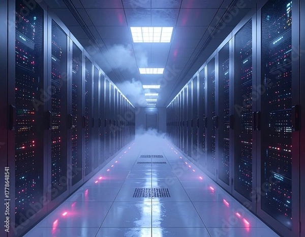 Obraz Hallway of server racks, with atmospheric mist, lit by overhead panels