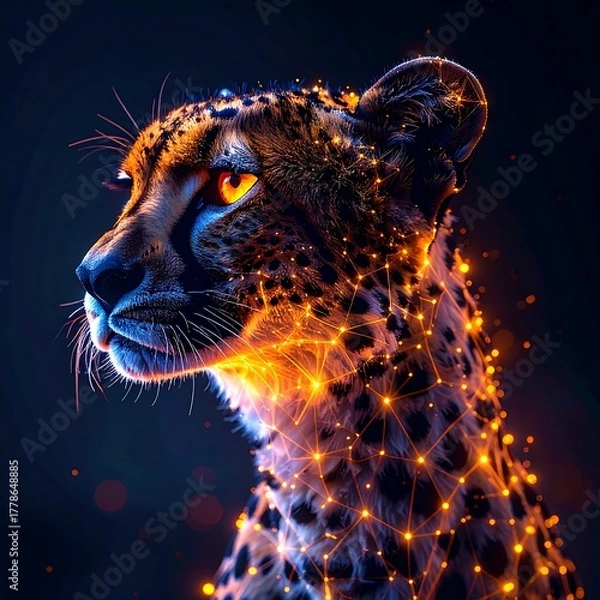 Obraz Headshot of a cheetah with glowing orange accents on dark background