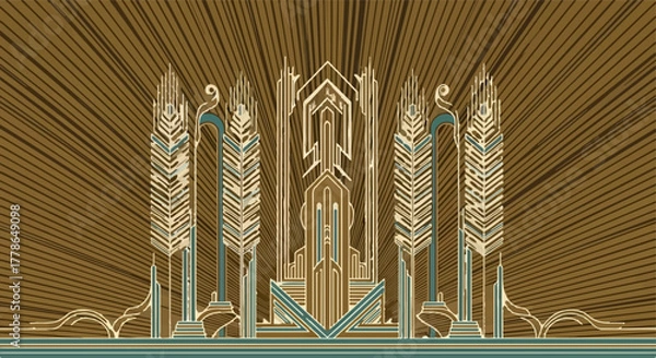 Fototapeta Elegant art deco architecture with radiating golden lines on a teal background