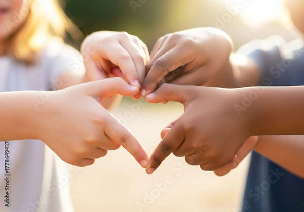 Fototapeta Diverse hands of children forming a heart shape, symbolizing love, unity, and connection across different races and cultures