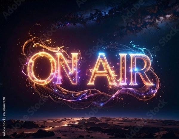Obraz Illuminated "ON AIR" text, cosmic background, and a desolate landscape
