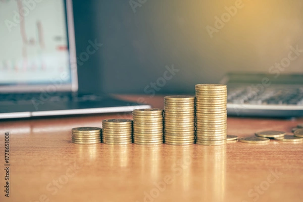 Fototapeta Stack of gold coins on a table with laptop computer and calculator symbolizing business finance and investment growth