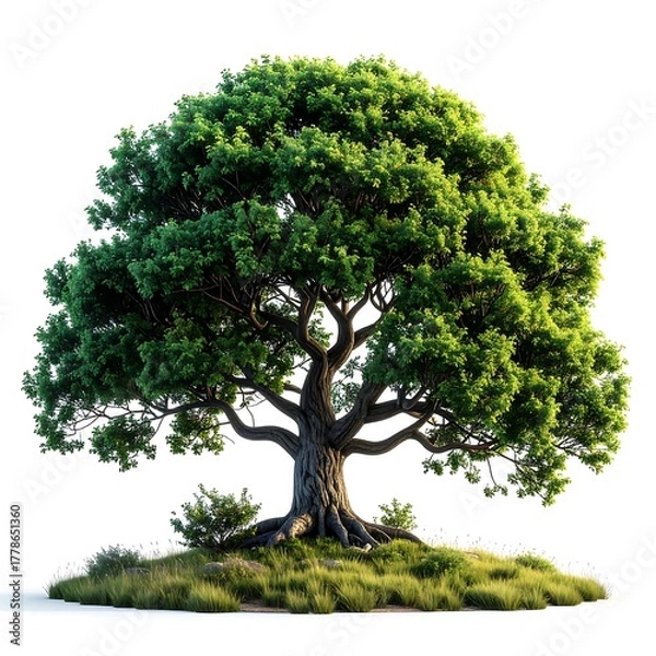 Obraz Large leafy tree with thick trunk, roots, and grassy base