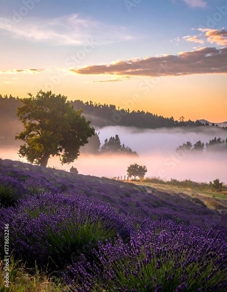 Obraz Lavender field enveloped in morning fog under a pastel sunrise
