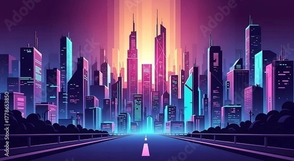 Obraz Futuristic cityscape with neon lights and skyscrapers at night