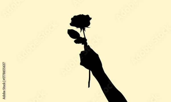 Fototapeta Silhouette of hand holding a rose concept design. Icon of gift a flower for someone. Vector illustration.