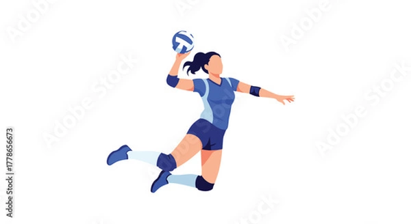 Fototapeta Dynamic volleyball player spiking the ball with power and skill, ready for competitive sports action in vibrant blue uniform on white background