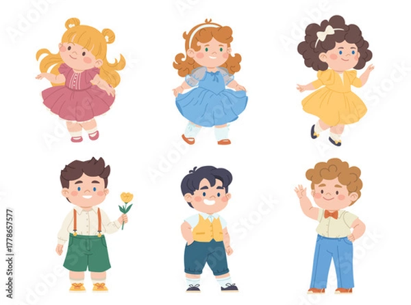 Obraz Smiling children in evening dresses and suits. Happy boys and girls in beautiful clothes. Children's characters at a party. Vector illustration