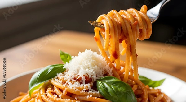 Fototapeta Spaghetti Pasta with Tomato Sauce, Parmesan Cheese, and Fresh Basil. Shown is a fork lifting a strand of spaghetti, parmesan, basil
