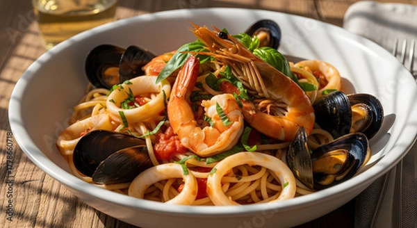 Obraz Seafood Spaghetti with Shrimp, Squid, and Clams in Tomato Sauce. On a wooden table in the sunlight.