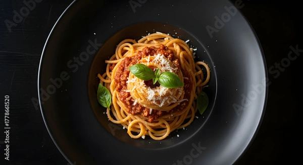 Fototapeta Spaghetti Bolognese with Parmesan Cheese and Fresh Basil on Black Plate