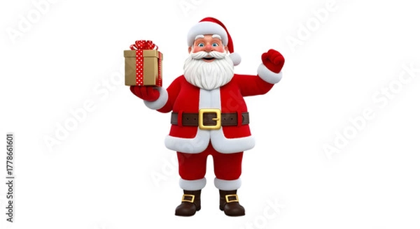Obraz A cheerful santa claus holding a christmas gift, isolated on transparent background
