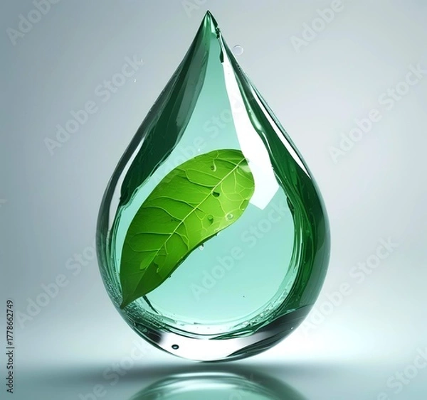 Fototapeta 3D render of transparent water droplet with green leaf texture inside, symbolizing eco technology, clean energy, and sustainable innovation