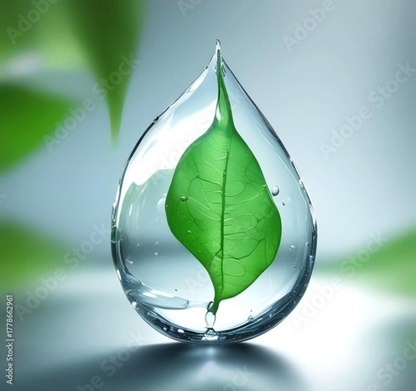 Fototapeta 3D render of transparent water droplet with green leaf texture inside, symbolizing eco technology, clean energy, and sustainable innovation