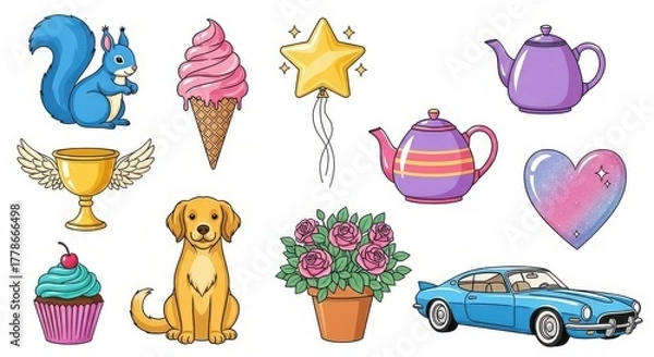 Obraz Assorted cartoon objects squirrel, ice cream, trophy, dog, car