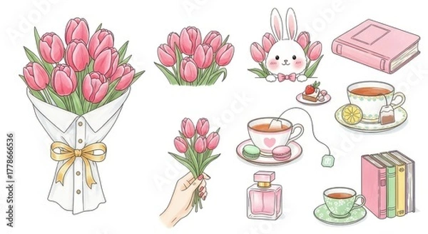 Obraz Springtime elements tulips, bunny, tea set, books, perfume