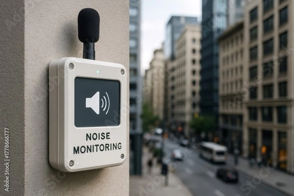 Fototapeta Urban noise monitoring device affixed to a building wall. It measures city sound levels against a blurred street background.
