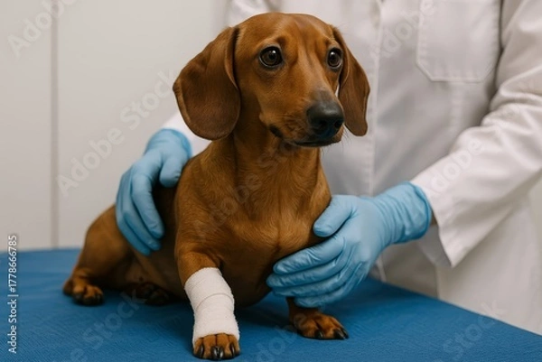 Fototapeta Adorable dachshund with a bandaged paw, held gently by a veterinarian. This shows care and recovery at a veterinary clinic.