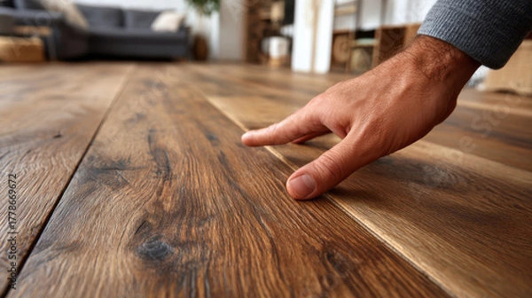 Fototapeta Hand touching hardwood floor in cozy living room, warm texture and welcoming feeling