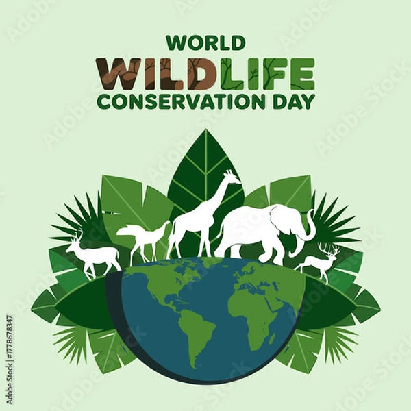 Fototapeta World wildlife conservation day illustration featuring diverse white animals on a globe surrounded by lush green leaves, emphasizing global protection