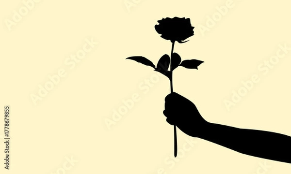 Obraz Silhouette of hand holding and give a rose concept design. Icon of giving a flower for someone. Vector illustration.