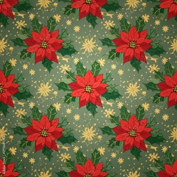 Fototapeta Festive christmas seamless pattern with poinsettia flowers and snowflakes on a green background, perfect for holidaythemed designs and decorations