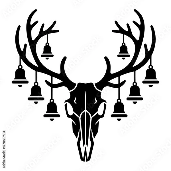 Fototapeta black and white silhouette vector of gothic reindeer skull with antlers decorated with hanging bells
